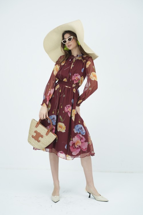 Sixdo SIXDO G-Wine Floral Voile Flared Dress for Women